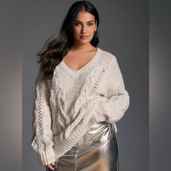 ANTHROPOLOGIE V-Neck Drama Rainbow Metallic Cable Tunic Sweater NWT - Picture 3 of 15